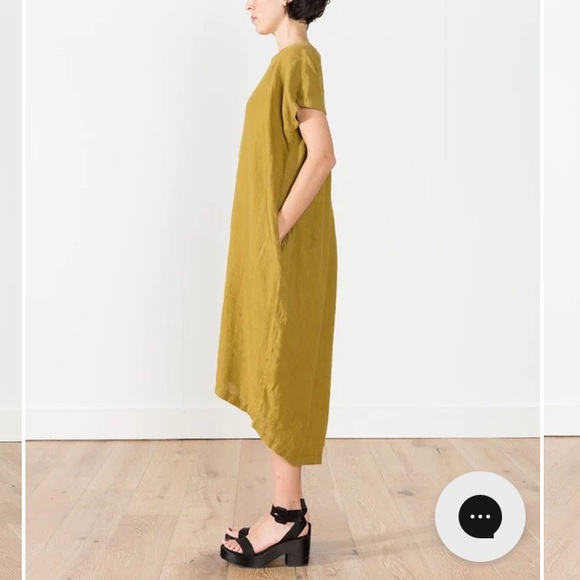 Deep mustard Black Crane 100% LINEN pleated cocoon dress - Picture 3 of 8